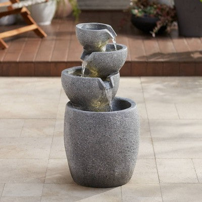  Four Bowls 32" High Large Zen Modern Indoor Outdoor Decor Gray Faux Stone Floor Fountain With Light LED Cascading Outside Garden