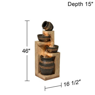  John Timberland Stoneware Bowl And Jar Rustic Cascading Outdoor Floor Water Fountain With LED Light 46" For Yard Garden Patio Home Deck Porch Exterior