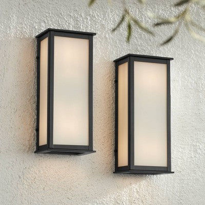  John Timberland Modern Outdoor Wall Light Fixtures Set Of 2 Black 12 3/4" Milky White Glass Panels For Post Exterior Barn Deck