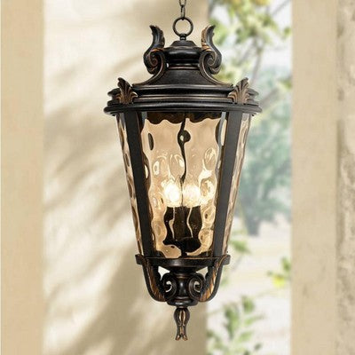  John Timberland Casa Marseille Vintage Rustic Outdoor Hanging Light Veranda Bronze 30" Champagne Hammered Glass Damp Rated For Post Exterior Barn