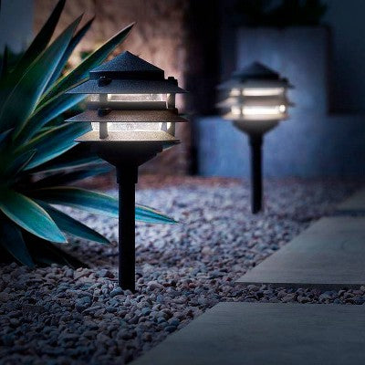  John Timberland Three-Tier Pagoda 11" High Black LED Path Lights Set Of 2