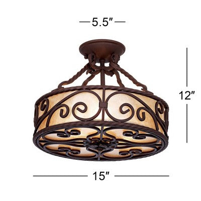  John Timberland Natural Mica Rustic Ceiling Light Semi Flush Mount Fixture 15" Wide Deep Walnut Scroll 3-Light Drum Shade For Bedroom Living Room Home