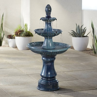  Formentera 46" High Large Italian Indoor Outdoor Decor Teal Blue Ceramic Floor Fountain With Light LED 3-Tier Outside Garden Patio