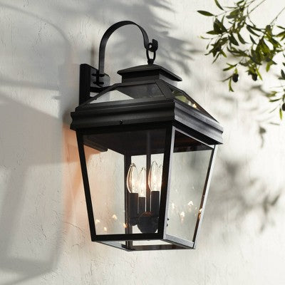  John Timberland Stratton Street Mission Outdoor Wall Light Fixture Textured Black Lantern 22" Clear Glass For Post Exterior Barn Deck House Porch Yard