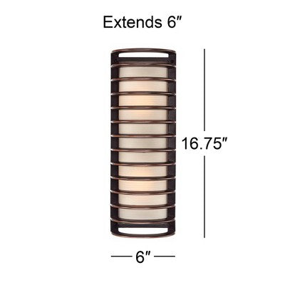  John Timberland Modern Outdoor Wall Light Fixture Rubbed Bronze Grid 16 3/4" Frosted Glass Cylinder For Exterior Porch Patio