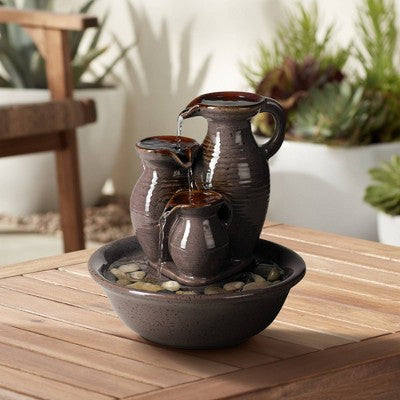  John Timberland Triple Jug Rustic Zen Cascading Indoor Tabletop Water Fountain 9" For Table Office Desk Home Bedroom House Living Room Relaxation