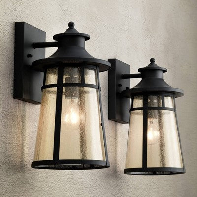  John Timberland Clement Mission Outdoor Wall Light Fixtures Set Of 2 Cast Iron Black 15" Clear Seedy Glass For Post Exterior Barn Deck House Porch