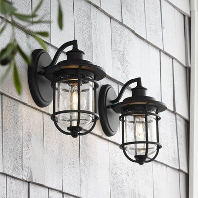  John Timberland Markham Modern Nautical Outdoor Wall Light Fixtures Set Of 2 Textured Black 10 1/2" Clear Seedy Glass For Post Exterior Barn Deck Home