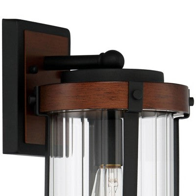  John Timberland Stan Industrial Outdoor Wall Light Fixtures Set Of 2 Dark Wood Black Metal 13 1/2" Clear Glass For Post Exterior Barn