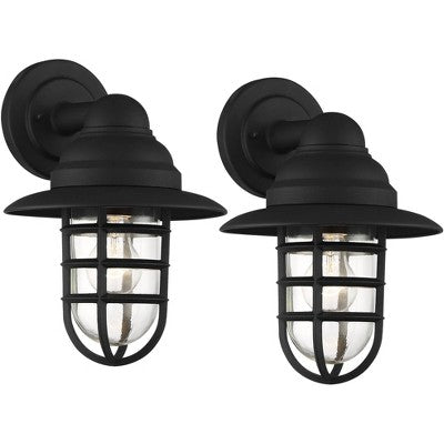  John Timberland Marlowe Rustic Industrial Outdoor Wall Light Fixtures Set Of 2 Black Hooded Cage 13" Clear Glass For Post Exterior Barn