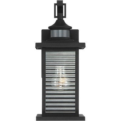  John Timberland Cameron Mission Outdoor Wall Light Fixture Textured Black Motion Sensor Dusk To Dawn 13 3/4" Clear Stripped Glass For Post Exterior