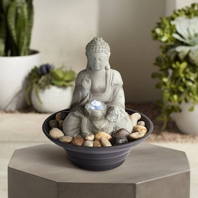  John Timberland Zen Buddha Indoor Tabletop Water Fountain With Light LED 10" High Sitting For Table Desk Office Relaxation