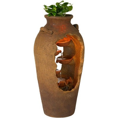  John Timberland Cascade Rustic Asian Planter Urn Outdoor Floor Water Fountain With LED Light 33" For Yard Garden Patio Home Deck Porch Exterior House