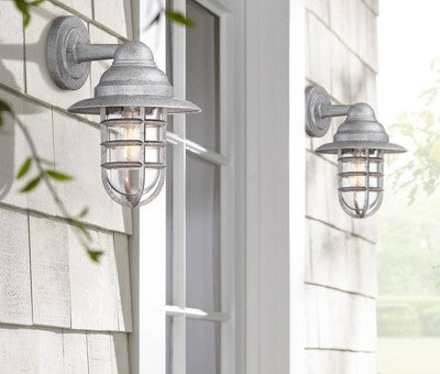  John Timberland Marlowe 13 1/4" High Farmhouse Rustic Hooded Cage Outdoor Wall Light Fixture Mount Porch House Set Of 2 Galvanized Clear Glass Shade