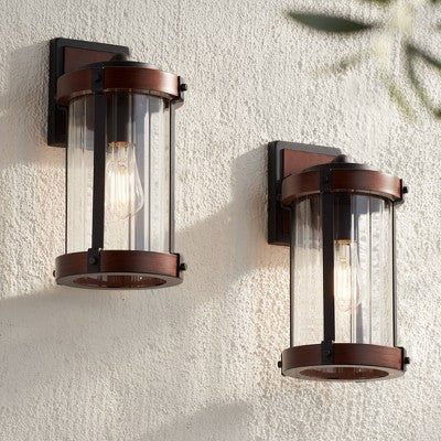  John Timberland Stan Industrial Outdoor Wall Light Fixtures Set Of 2 Dark Wood Black Metal 13 1/2" Clear Glass For Post Exterior Barn