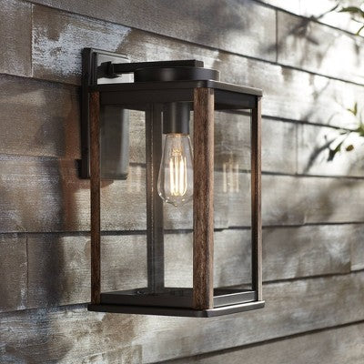  John Timberland Wordsworth Field Rustic Farmhouse Outdoor Wall Light Fixture Dark Bronze Wood Grain 14 1/4" Clear Glass Panels For Post Exterior Deck