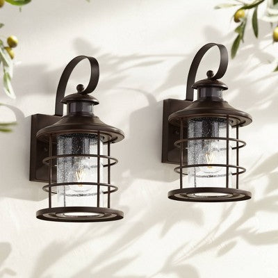  John Timberland Hogan 14" High Bronze Motion Sensor Outdoor Wall Light Set Of 2