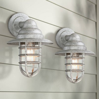  John Timberland Marlowe 13 1/4" High Farmhouse Rustic Hooded Cage Outdoor Wall Light Fixture Mount Porch House Set Of 2 Galvanized Clear Glass Shade