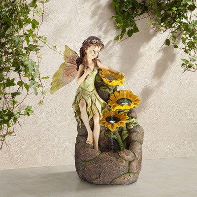  John Timberland Garden Fairy With Sunflowers Modern Cascading Outdoor Floor Water Fountain With LED Light 26" For Yard Garden Patio Home Deck Porch