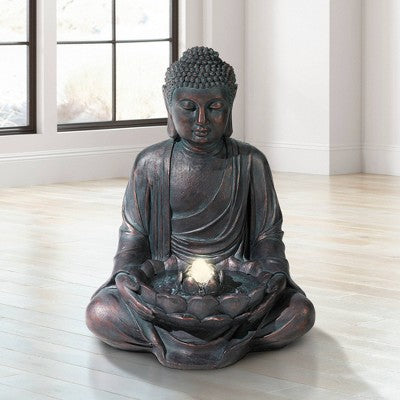  John Timberland Meditating Buddha Zen Bubbler Outdoor Water Fountain With LED Light 24" For Yard Garden Patio Home Deck Porch House Meditation Decor