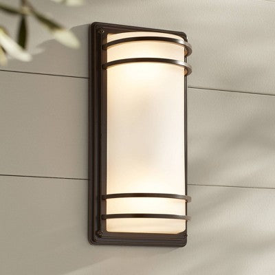  John Timberland Habitat Modern Industrial Outdoor Wall Light Fixtures Set Of 2 Rubbed Bronze 16" Opal Glass For Post Exterior Barn Deck