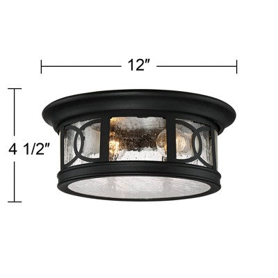  John Timberland Flush Mount Outdoor Ceiling Light Fixture Black 12" Seedy Glass For Exterior House Porch