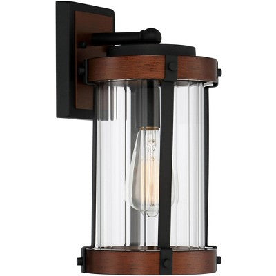  John Timberland Stan Industrial Outdoor Wall Light Fixtures Set Of 2 Dark Wood Black Metal 13 1/2" Clear Glass For Post Exterior Barn