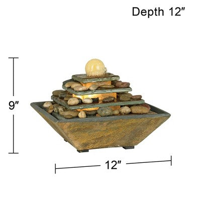  John Timberland Four Tiers Rustic 4 Tier Slate Stone Indoor Tabletop Water Fountain With LED Light 9" For Table Office Desk Home Bedroom Living Room