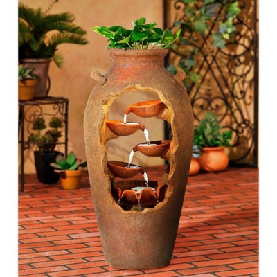  John Timberland Cascade Rustic Asian Planter Urn Outdoor Floor Water Fountain With LED Light 33" For Yard Garden Patio Home Deck Porch Exterior House