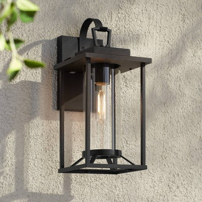 John Timberland Frederick 15 1/2" High Industrial Outdoor Wall Light Fixture Mount Porch House Weatherproof Sand Black Finish Metal Clear Glass Shade
