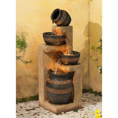  John Timberland Stoneware Bowl And Jar Rustic Cascading Outdoor Floor Water Fountain With LED Light 46" For Yard Garden Patio Home Deck Porch Exterior