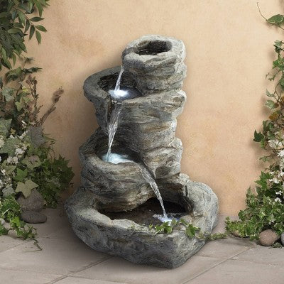 John Timberland Zen Outdoor Floor Water Fountain With Light LED 22" High 4 Tiered Cascading Rock For Yard Garden Patio Deck Home