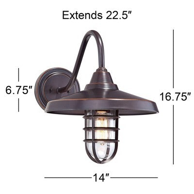  John Timberland Marlowe Rustic Industrial Outdoor Wall Light Fixtures Set Of 2 Painted Bronze Hooded Cage 13" Clear Glass For Exterior