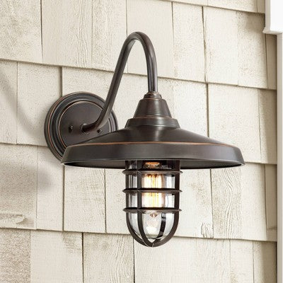  John Timberland Marlowe Rustic Industrial Outdoor Wall Light Fixtures Set Of 2 Painted Bronze Hooded Cage 13" Clear Glass For Exterior