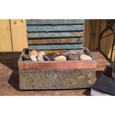  Stave 19" High Small Rustic Zen Indoor Outdoor Decor Slate Stone Tabletop Fountain With Light LED Waterfall Outside Garden Patio
