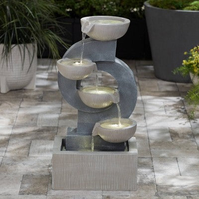  Tarin Four Bowl 23 1/2" High Large Modern Indoor Outdoor Decor Gray Faux Stone Floor Fountain With Light LED Cascading Outside