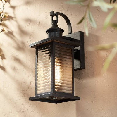  John Timberland Cameron Mission Outdoor Wall Light Fixture Textured Black Motion Sensor Dusk To Dawn 13 3/4" Clear Stripped Glass For Post Exterior