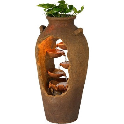  John Timberland Cascade Rustic Asian Planter Urn Outdoor Floor Water Fountain With LED Light 33" For Yard Garden Patio Home Deck Porch Exterior House