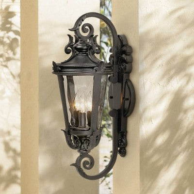  John Timberland Casa Marseille Vintage Rustic Outdoor Wall Light Fixture Black Scroll Arm 21 1/2" Clear Hammered Glass For Post Exterior Barn Deck