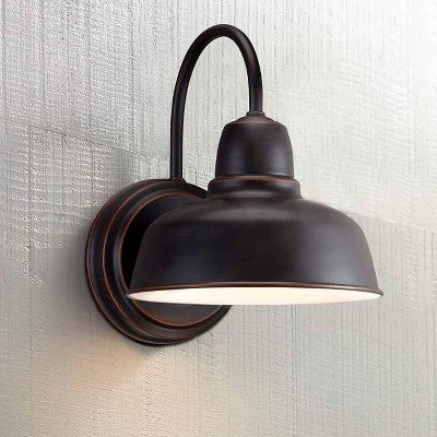  John Timberland Urban Barn Industrial Rustic Wall Light Sconces Set Of 2 Oil Rubbed Bronze Hardwire 8 1/2" Fixture Gooseneck Arm For Bedroom Bathroom