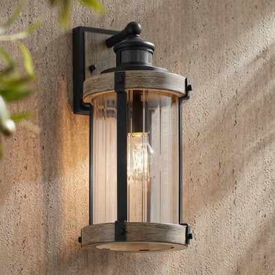  John Timberland Stan Rustic Farmhouse Outdoor Wall Light Fixture Gray Faux Wood Black Motion Sensor 15 1/2" Clear Ribbed Glass For Post Exterior Barn
