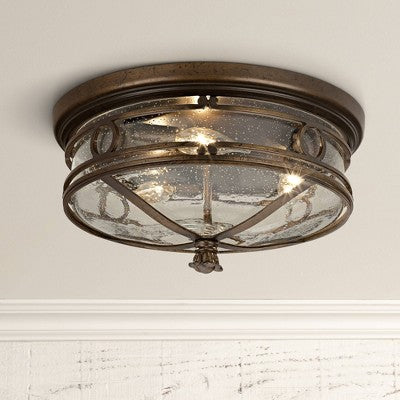  John Timberland Beverly Drive Rustic Flush Mount Outdoor Ceiling Light Bronze 7" Clear Seedy Glass For Post Exterior Barn Deck House Porch Yard Patio