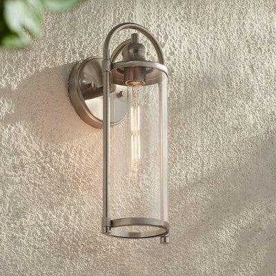  John Timberland Avani 15 1/2" High Modern Indoor/Outdoor Wall Light Porch House Edison Bulb Silver Brushed Nickel Finish Metal Clear Glass Shade