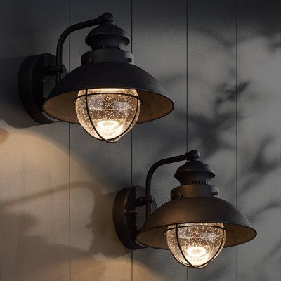  John Timberland Industrial Outdoor Wall Light Fixtures Set Of 2 Black Metal LED 8" Seedy Glass For Exterior Barn Deck House Porch