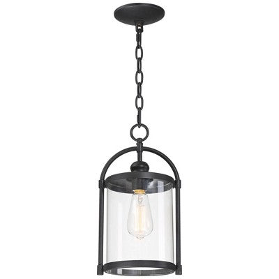 John Timberland Modern Outdoor Ceiling Light Hanging Black 15" Cylindrical Glass For Exterior House Porch Patio Deck
