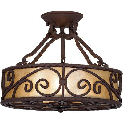  John Timberland Natural Mica Rustic Ceiling Light Semi Flush Mount Fixture 15" Wide Deep Walnut Scroll 3-Light Drum Shade For Bedroom Living Room Home