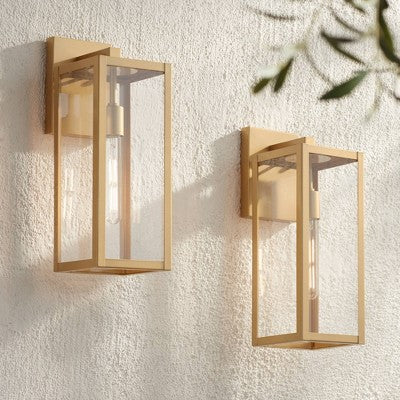 John Timberland Titan Modern Outdoor Wall Light Fixtures Set Of 2 Soft Gold Rectangular Frame 17" Clear Glass For Post Exterior Barn