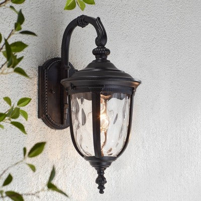  John Timberland Bellagio Vintage Rustic Outdoor Wall Light Fixture Texturized Black Downbridge 16 1/2" Clear Hammered Glass For Post Exterior Barn
