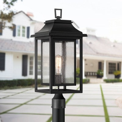  John Timberland Cecile 23 1/4" High Mission Outdoor Post Mount Light Fixture Pole Porch House Box Lantern Weatherproof Black Clear Seeded Glass Shade