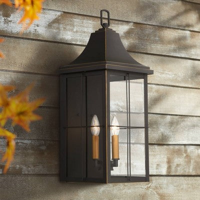  John Timberland Sunderland Rustic Mission Outdoor Wall Light Fixture Black Gold 24 3/4" Clear Glass For Post Exterior Barn Deck House Porch Yard Patio